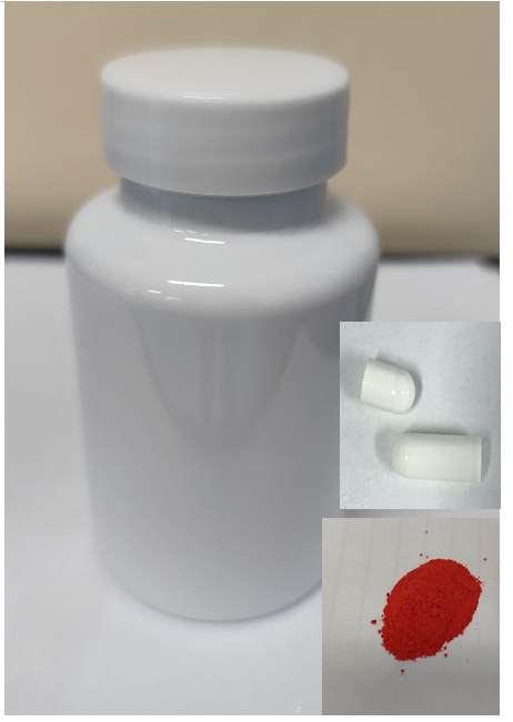 150cc白瓶乳白色胶囊壳胶囊，红色粉末（瓶含料）
