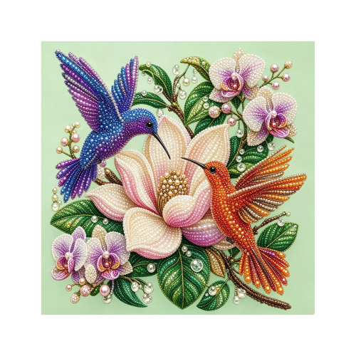花园装饰蜂鸟芙蓉珍珠艺术套装-双蜂鸟兰花