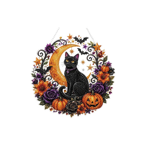 AMZ 万圣节钻石艺术悬挂套件-月亮猫 万圣节圣诞节氛围装饰家居情人亲子互动DIY摆件