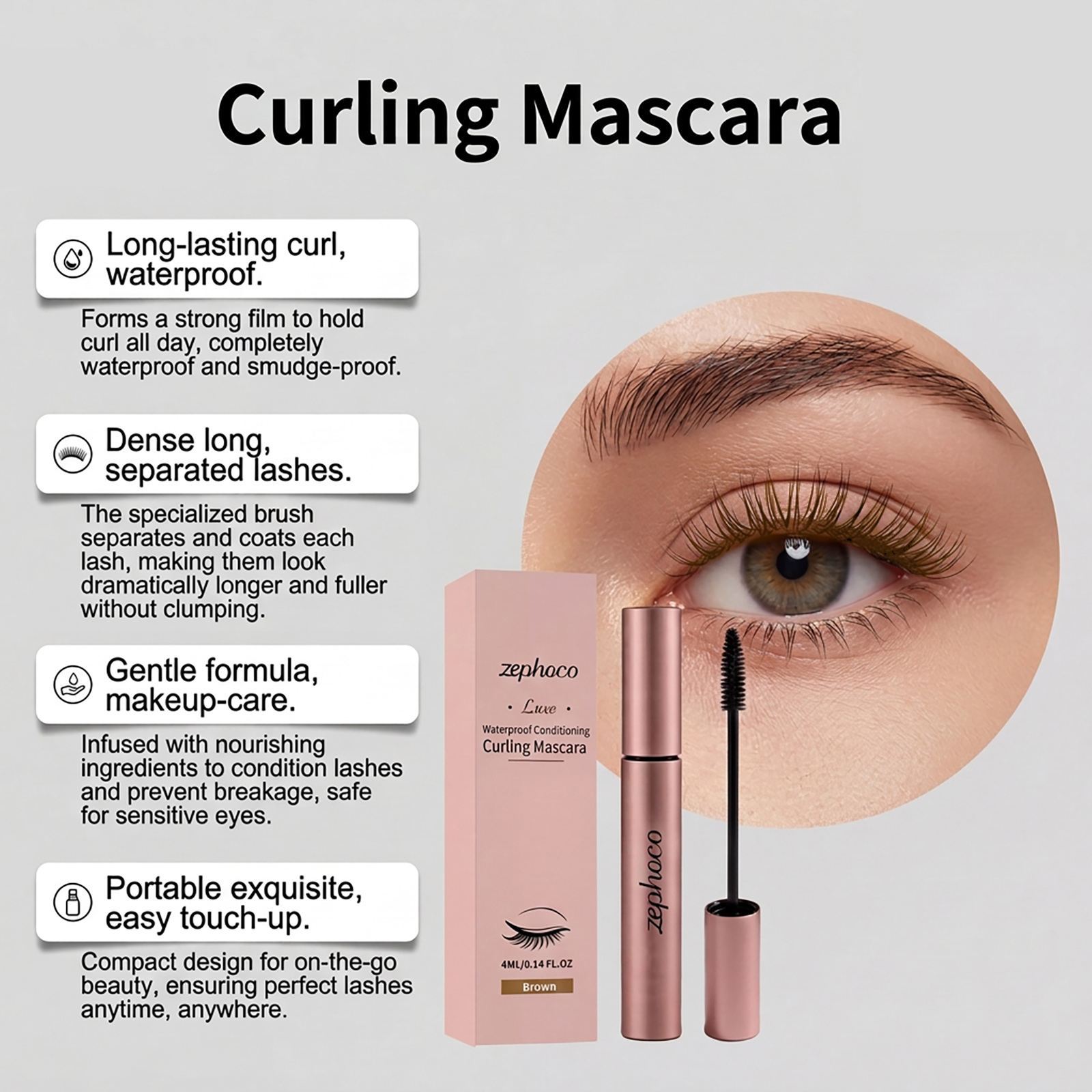 Mascara waterproof bouclé zephoco (brun) - Mascara coiffant non desséchant, long et bouclé, facile à utiliser pour un maquillage transfrontalier._voghion.com