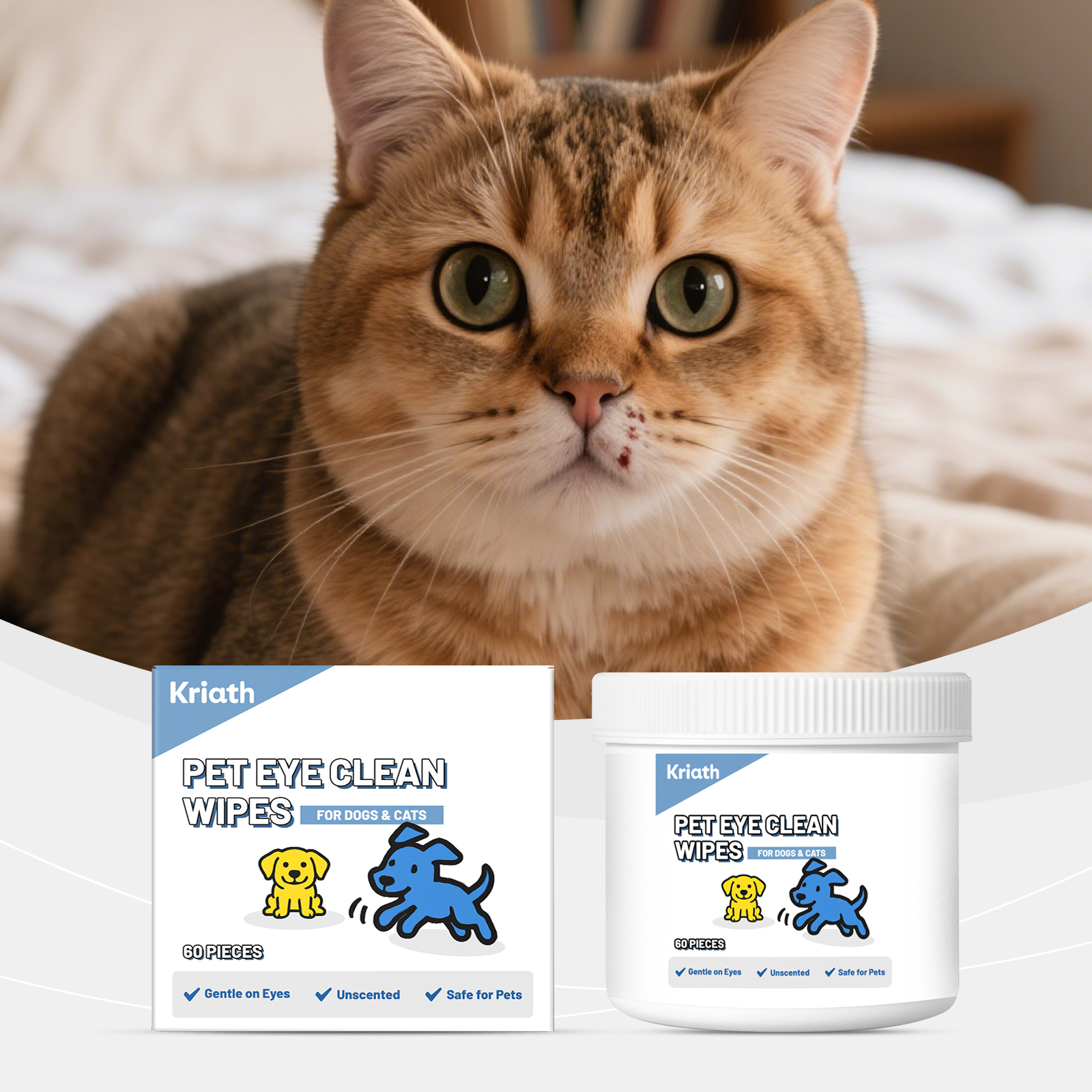 Lenços umedecidos suaves para alívio diário do desconforto ocular em cães e gatos Kriath._voghion.com