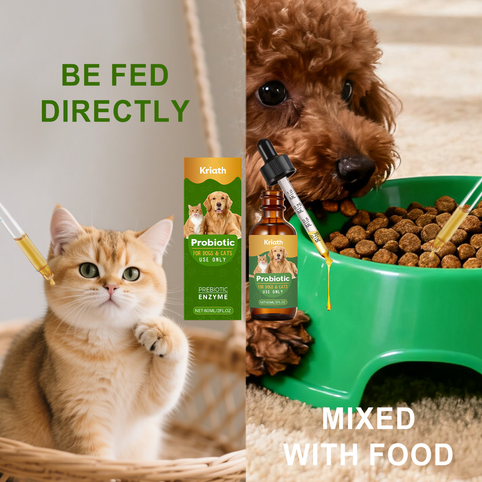 Gotas probióticas líquidas Kriath para gatos. Ingredientes suaves para aliviar las molestias de perros y gatos. Suplemento nutricional diario._voghion.com