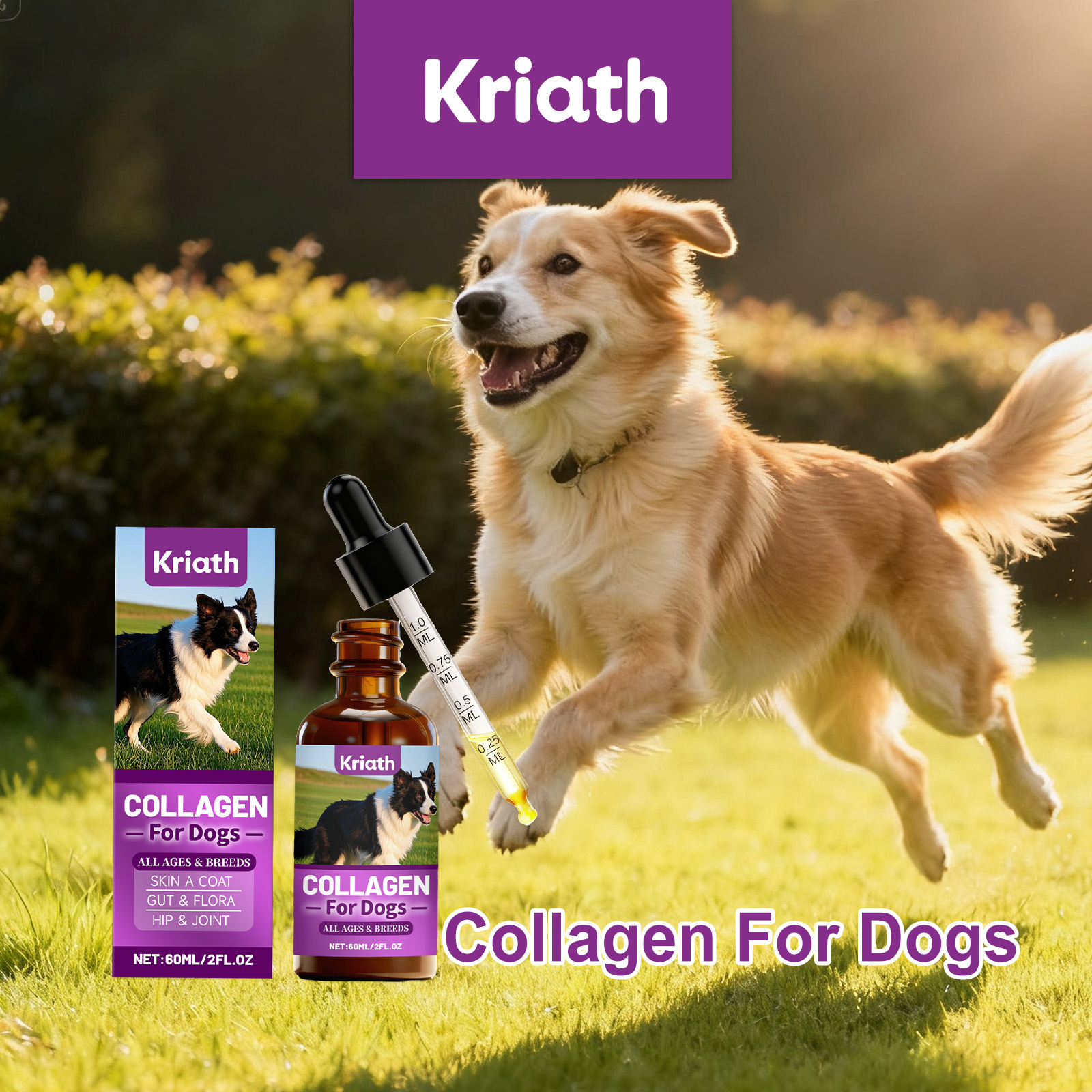 Collagène Kriath pour chiens : Soin doux pour la peau, le pelage et les articulations. Gouttes à absorption facile._voghion.com