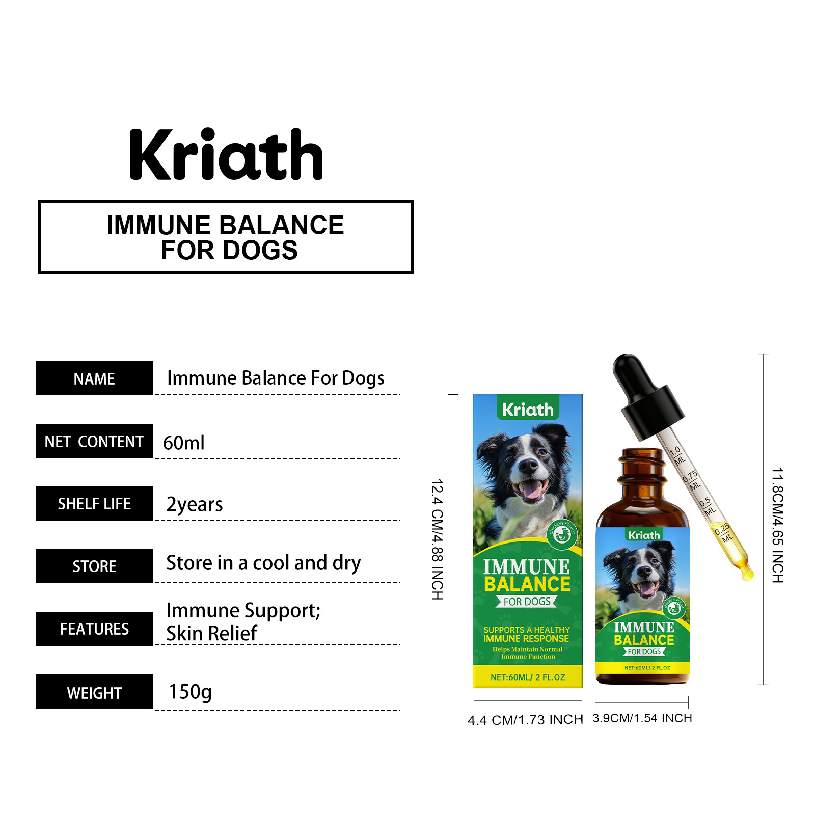 Kriath Cuidado Suave para o Corpo e a Pele do Seu Cão - Suplemento Diário em Gotas, Confortável e Ideal para o Cuidado da Pele._voghion.com
