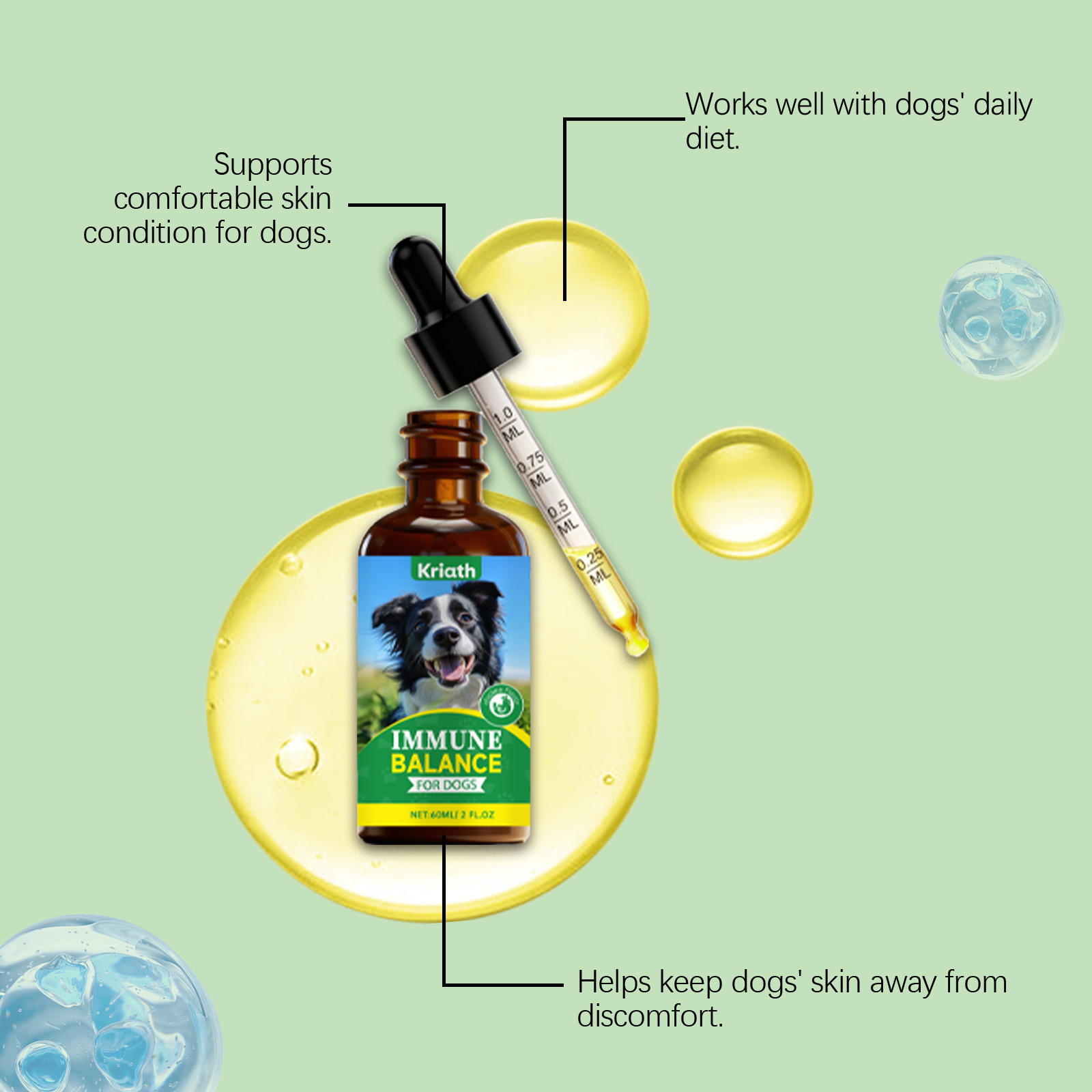 Kriath Cuidado Suave para o Corpo e a Pele do Seu Cão - Suplemento Diário em Gotas, Confortável e Ideal para o Cuidado da Pele._voghion.com