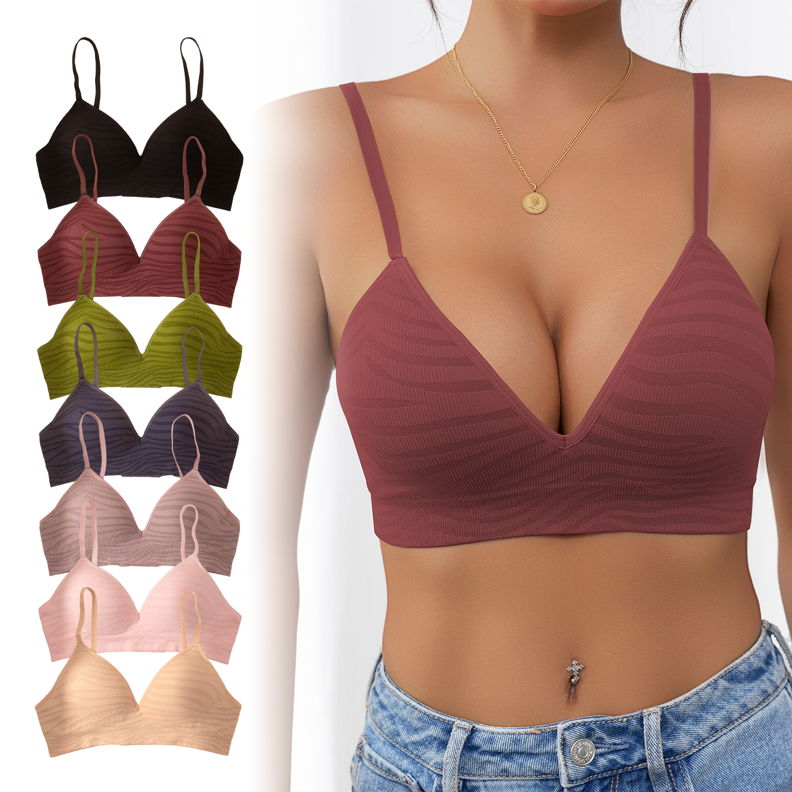 Zeriluna Deep V Zebra-Patterned Fixed Cup Bra. Soft And Comfortable,_voghion.com