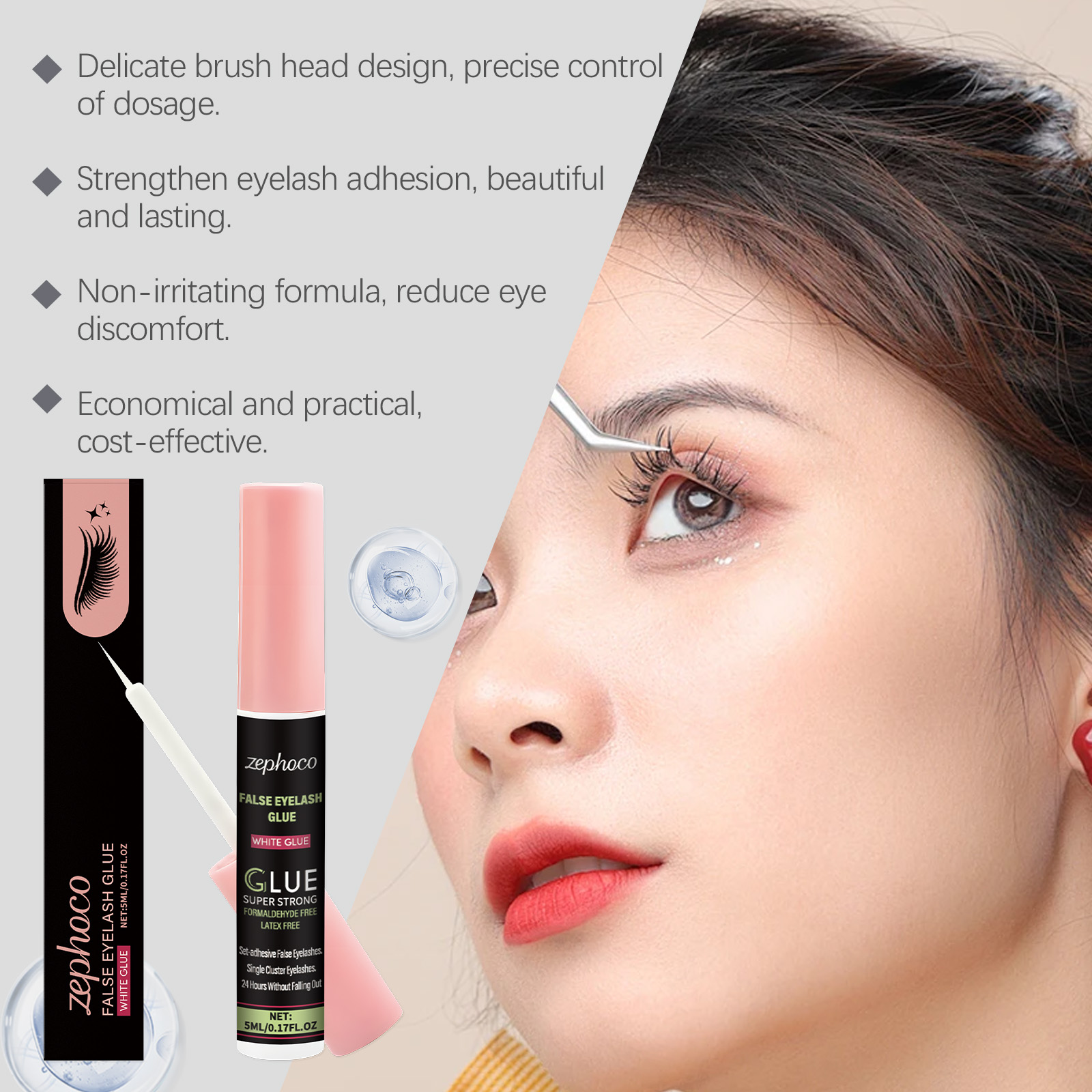 zephoco Colla per ciglia finte, ciglia finte autoadesive a lunga durata con applicatore a secco e pennellino._voghion.com