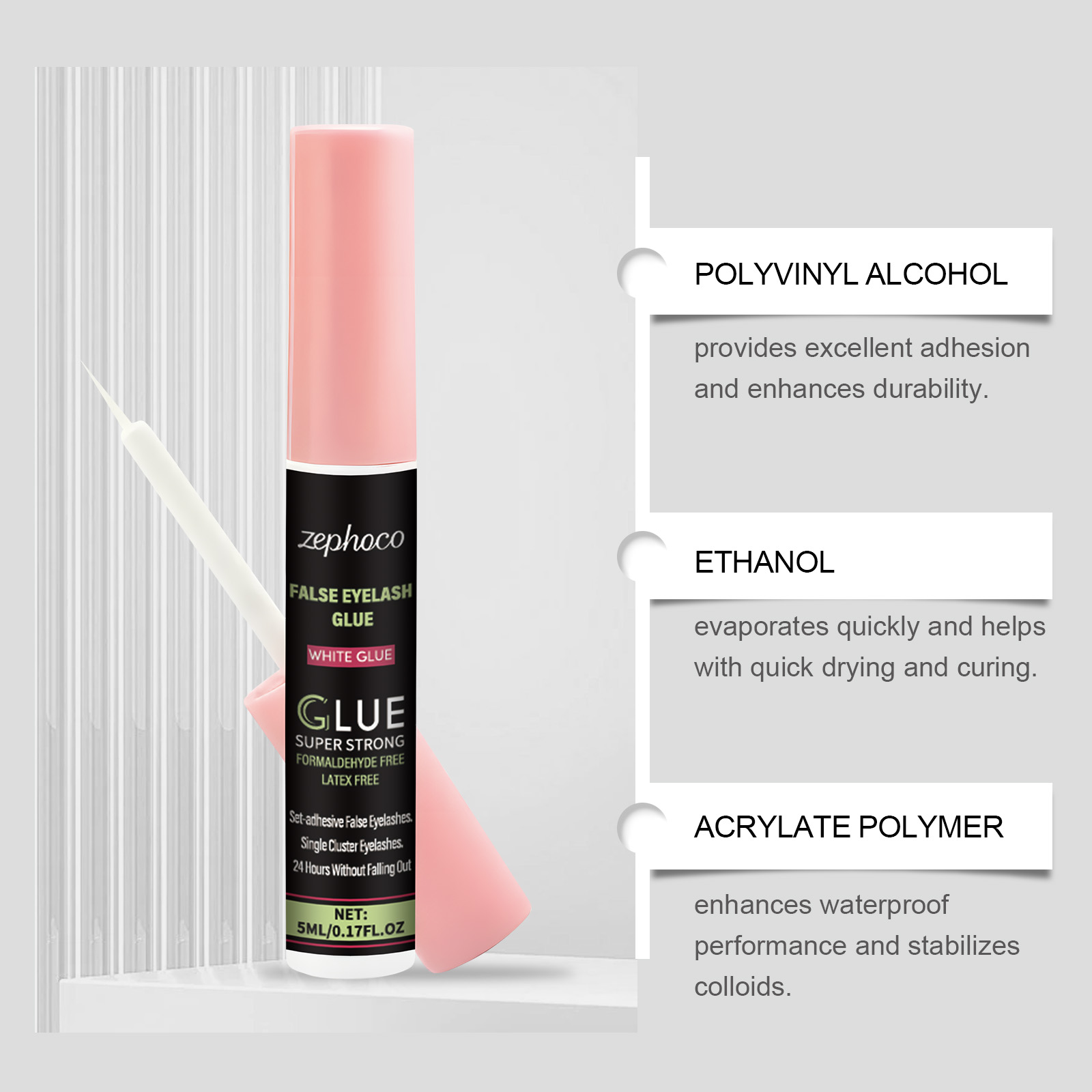 zephoco Colla per ciglia finte, ciglia finte autoadesive a lunga durata con applicatore a secco e pennellino._voghion.com