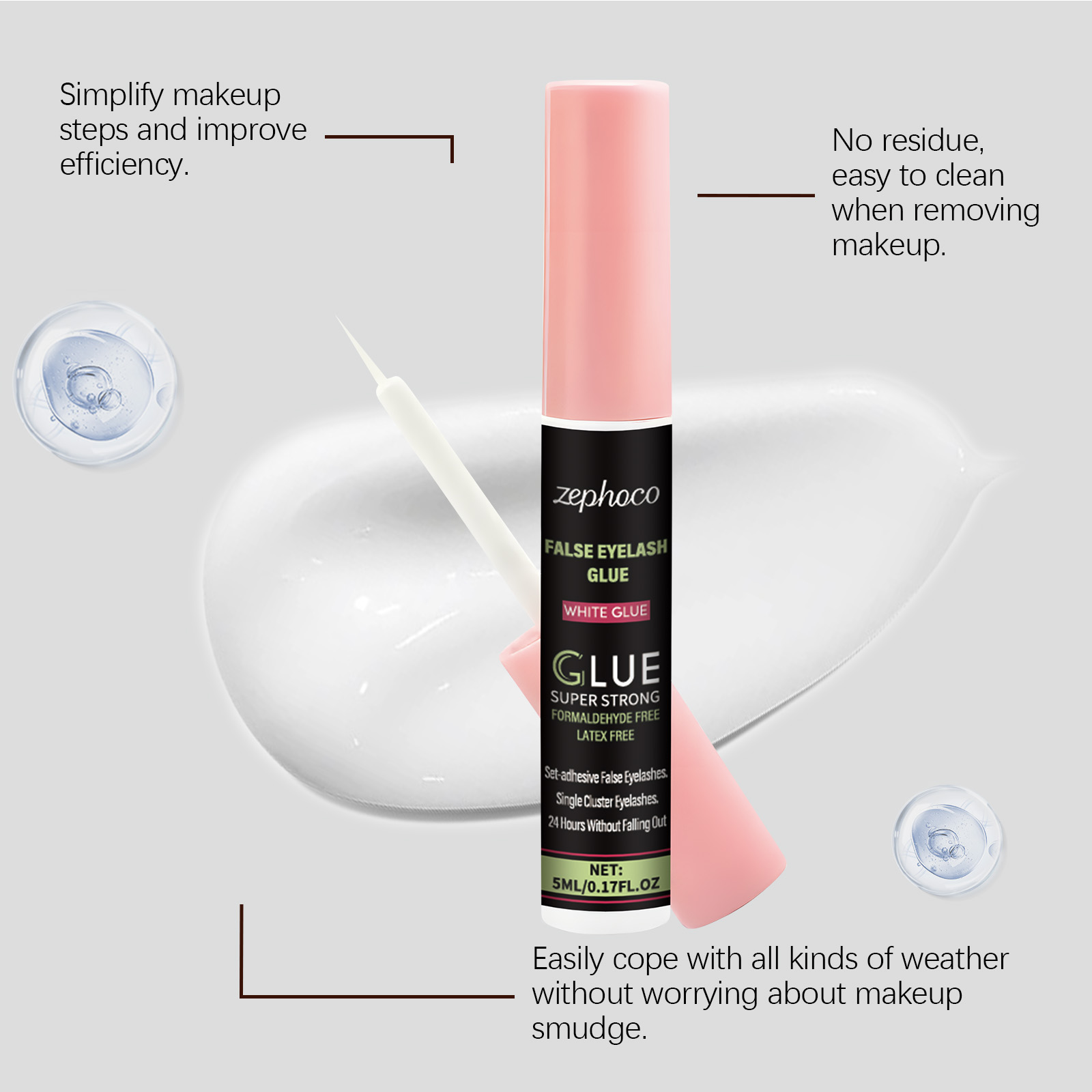 zephoco Colla per ciglia finte, ciglia finte autoadesive a lunga durata con applicatore a secco e pennellino._voghion.com
